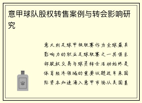 意甲球队股权转售案例与转会影响研究